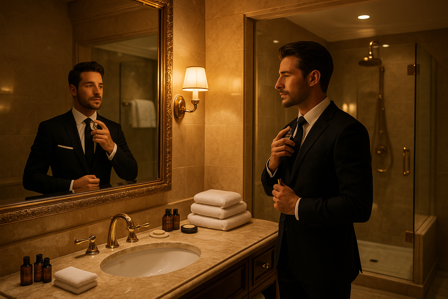 make an image of a man in a classy hotel bathroom, getting ready to go out